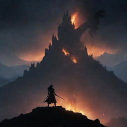 A dark-haired woman's silhouette stands among ashes below mountains, holding a sword and focusing on a larger castle on a hill. Surrounded by faint firelight in the night, a dragon is scene flying overhead.