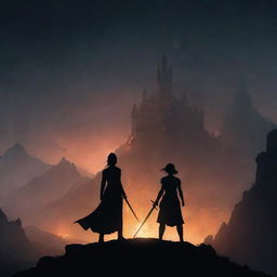 A dark-haired woman's silhouette stands among ashes below mountains, holding a sword and focusing on a larger castle on a hill. Surrounded by faint firelight in the night, a dragon is scene flying overhead.