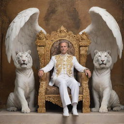 A majestic man with angelic wings sitting on a resplendent throne, flanked by imposing tigers on his left and right