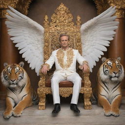 A majestic man with angelic wings sitting on a resplendent throne, flanked by imposing tigers on his left and right