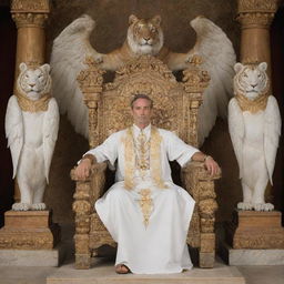 A majestic man with angelic wings sitting on a resplendent throne, flanked by imposing tigers on his left and right