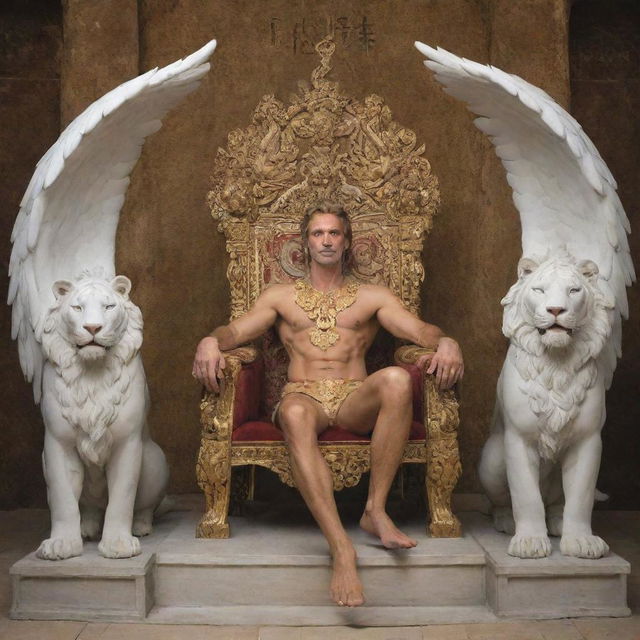 A majestic man with angelic wings sitting on a resplendent throne, flanked by imposing tigers on his left and right