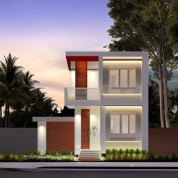 Design a minimalist home front on a 36 feet facade featuring an accessible kitchen, one stairway, two bedrooms, a dining room, a hall, and a washroom.