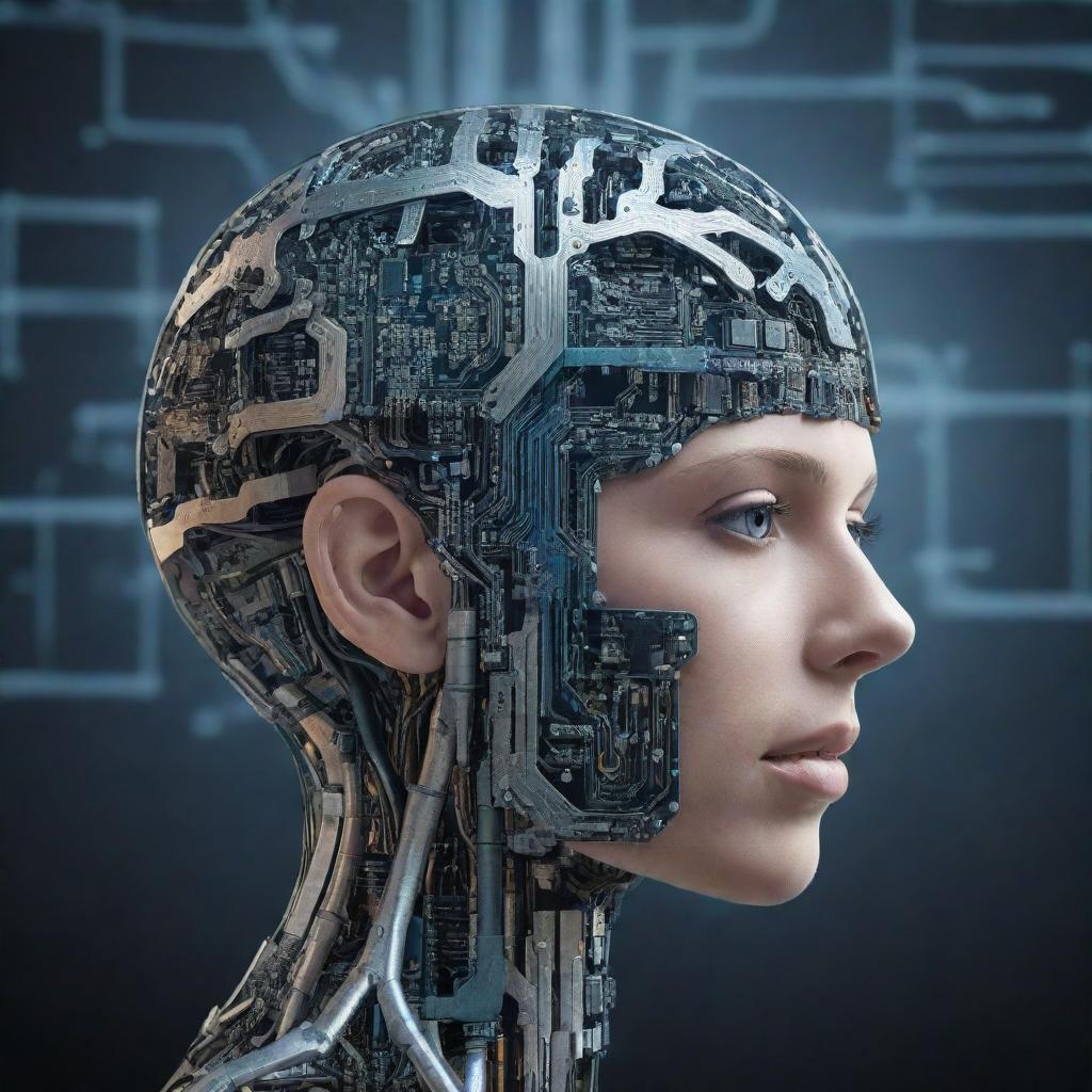 An artificial intelligence conceptual image depicted as a blend of technology, circuits, and brain-like structure