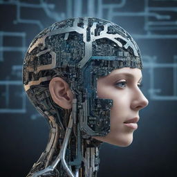 An artificial intelligence conceptual image depicted as a blend of technology, circuits, and brain-like structure