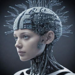 An artificial intelligence conceptual image depicted as a blend of technology, circuits, and brain-like structure