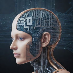 An artificial intelligence conceptual image depicted as a blend of technology, circuits, and brain-like structure