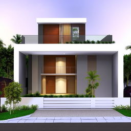 Design a minimalist home front on a 36 feet facade featuring an accessible kitchen, one stairway, two bedrooms, a dining room, a hall, and a washroom.