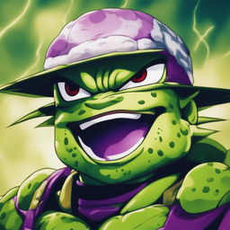 The image is a digital art representation of Perfect Cell from Dragonball Z combined with Pepe the Frog