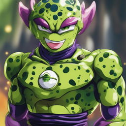 The image is a digital art representation of Perfect Cell from Dragonball Z combined with Pepe the Frog