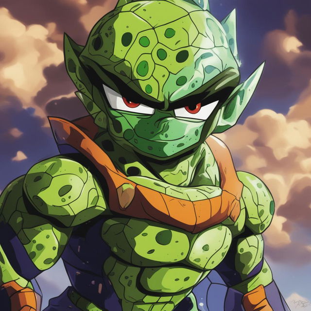 The image is a digital art representation of Perfect Cell from Dragonball Z combined with Pepe the Frog