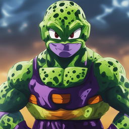 The image is a digital art representation of Perfect Cell from Dragonball Z combined with Pepe the Frog