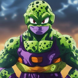 The image is a digital art representation of Perfect Cell from Dragonball Z combined with Pepe the Frog