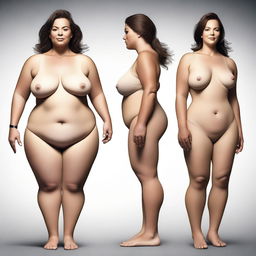 A digital art piece showcasing the transformation of a fit Caucasian woman to a larger size