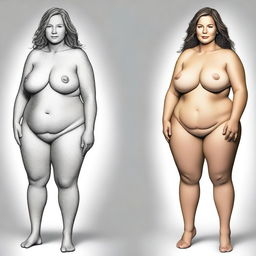 A digital art piece showcasing the transformation of a fit Caucasian woman to a larger size