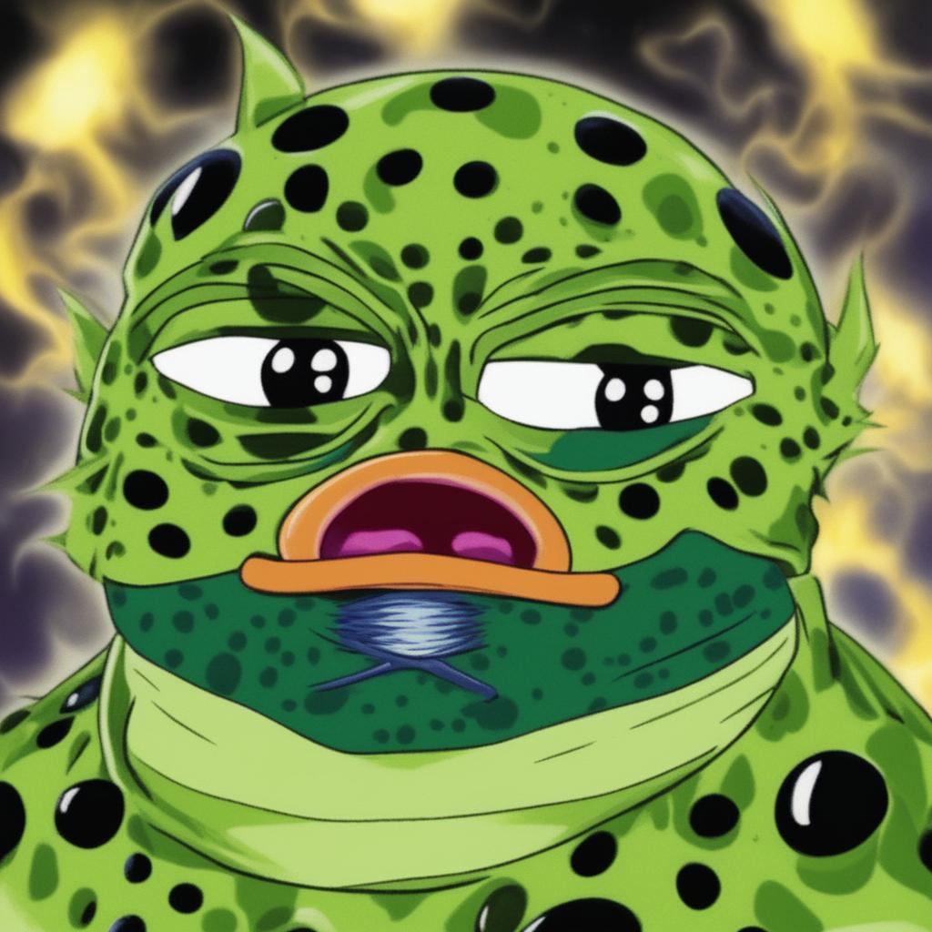 The image is a digital art representation of Perfect Cell from Dragonball Z combined with Pepe the Frog