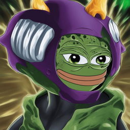 The image is a digital art representation of Perfect Cell from Dragonball Z combined with Pepe the Frog