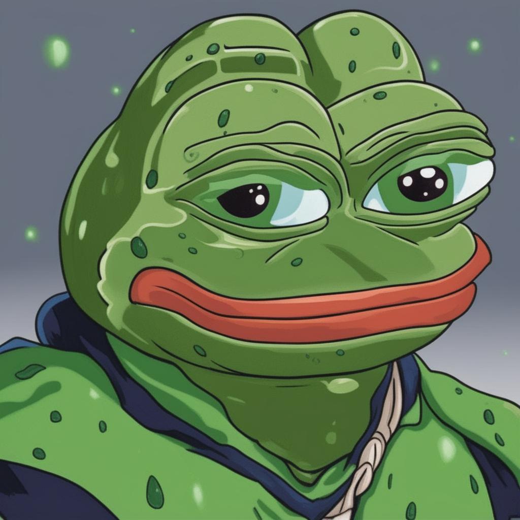 The image is a digital art representation of Perfect Cell from Dragonball Z combined with Pepe the Frog