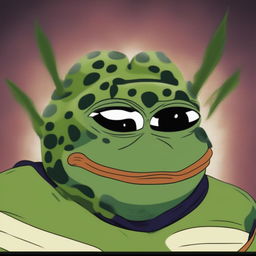 The image is a digital art representation of Perfect Cell from Dragonball Z combined with Pepe the Frog