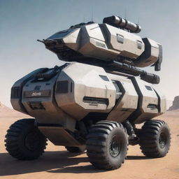 A futuristic, heavily armed vehicle with a sleek design carrying all sorts of advanced weaponry.