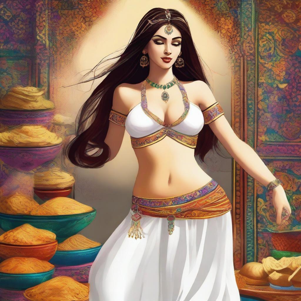 This is a vibrant digital art depiction of a modern, white belly dancer