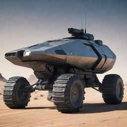 A futuristic, heavily armed vehicle with a sleek design carrying all sorts of advanced weaponry.