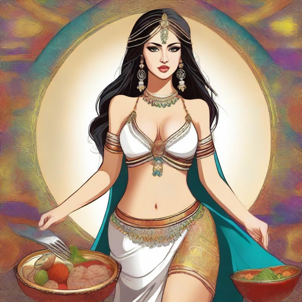 This is a vibrant digital art depiction of a modern, white belly dancer