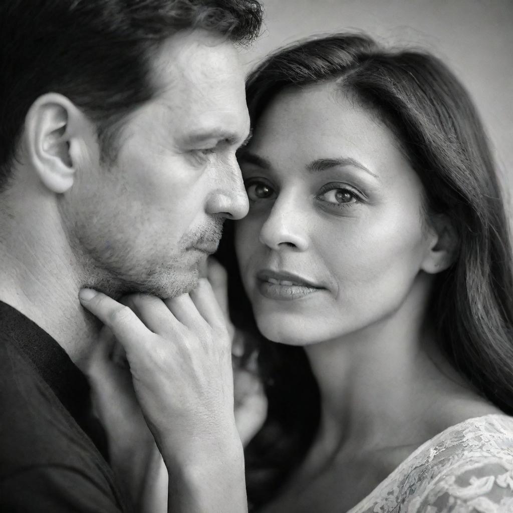 An affectionate moment between a man and his wife, their eyes locked in a profound gaze, illustrating their deep love and connection.