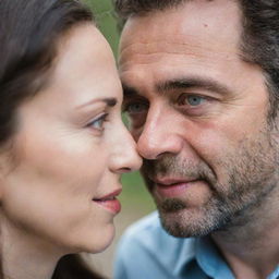 An affectionate moment between a man and his wife, their eyes locked in a profound gaze, illustrating their deep love and connection.