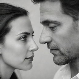 An affectionate moment between a man and his wife, their eyes locked in a profound gaze, illustrating their deep love and connection.