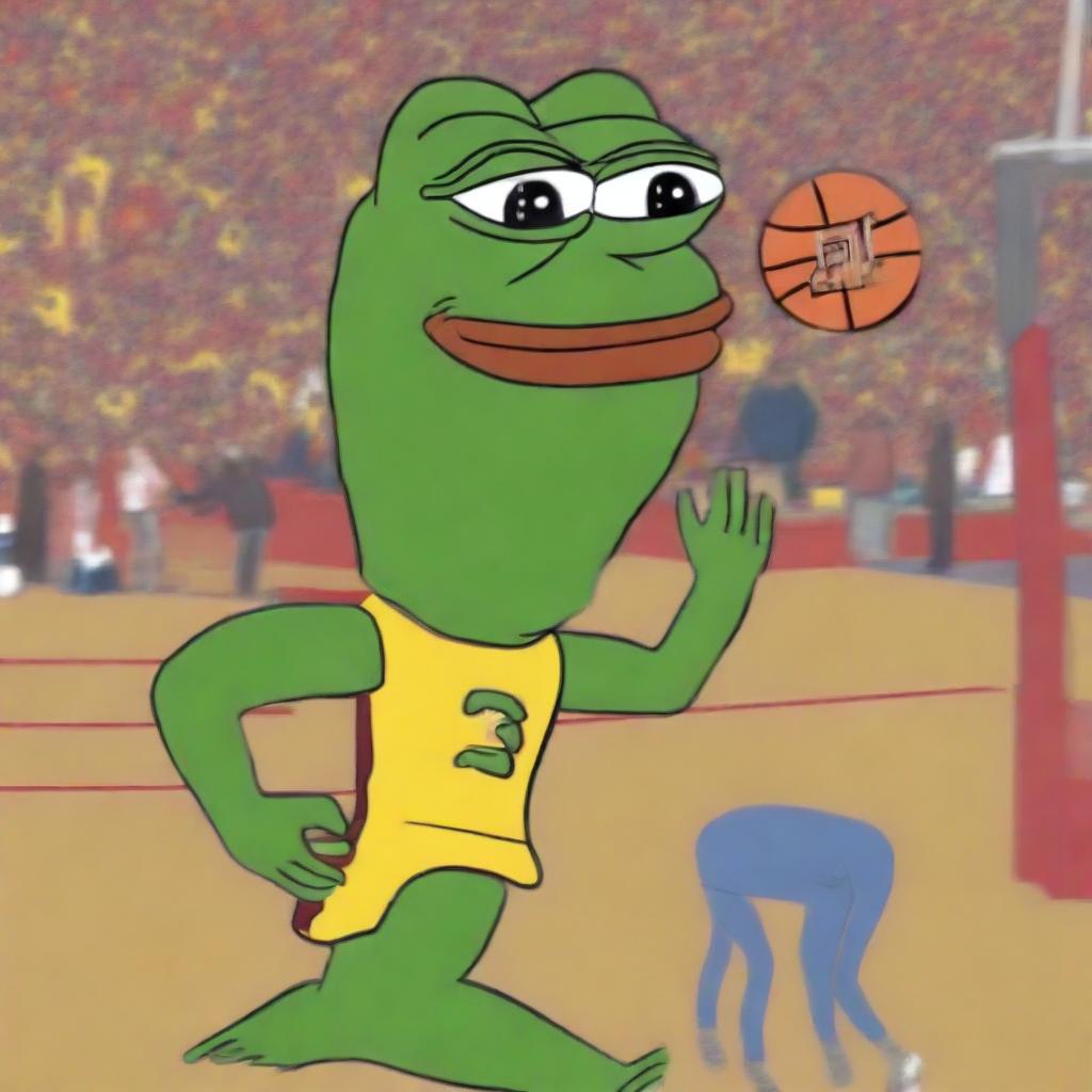 A high-quality digital artwork portraying a larger-than-life Pepe meme character, appearing distressed, watching LeBron James, depicted in the style of a cartoon character, losing a basketball game