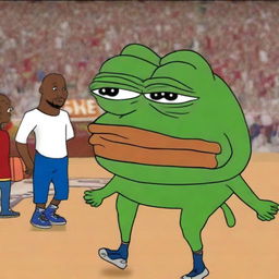 A high-quality digital artwork portraying a larger-than-life Pepe meme character, appearing distressed, watching LeBron James, depicted in the style of a cartoon character, losing a basketball game