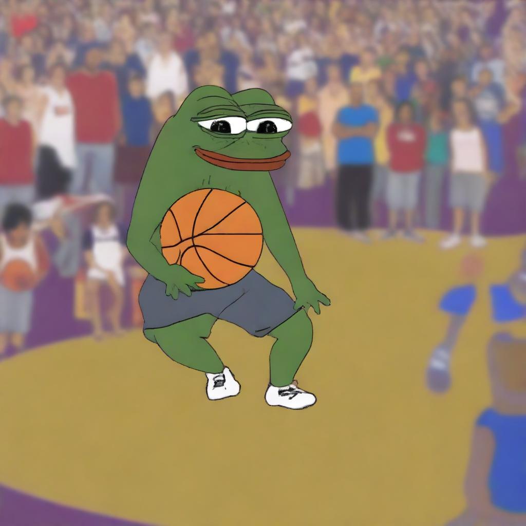 A high-quality digital artwork portraying a larger-than-life Pepe meme character, appearing distressed, watching LeBron James, depicted in the style of a cartoon character, losing a basketball game