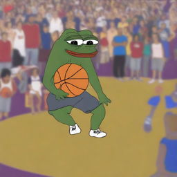 A high-quality digital artwork portraying a larger-than-life Pepe meme character, appearing distressed, watching LeBron James, depicted in the style of a cartoon character, losing a basketball game