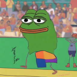 A high-quality digital artwork portraying a larger-than-life Pepe meme character, appearing distressed, watching LeBron James, depicted in the style of a cartoon character, losing a basketball game