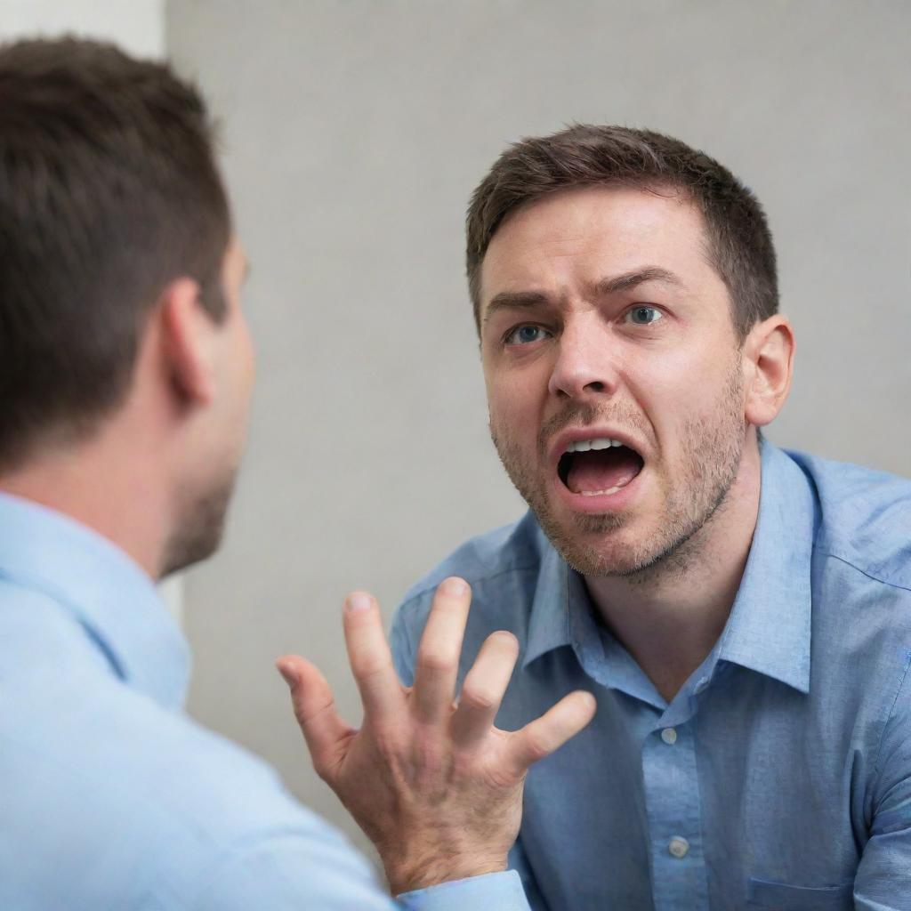 A man engaged in a heated verbal argument with another person, displaying a range of intense emotions.