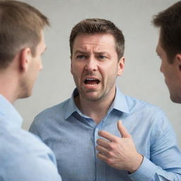 A man engaged in a heated verbal argument with another person, displaying a range of intense emotions.