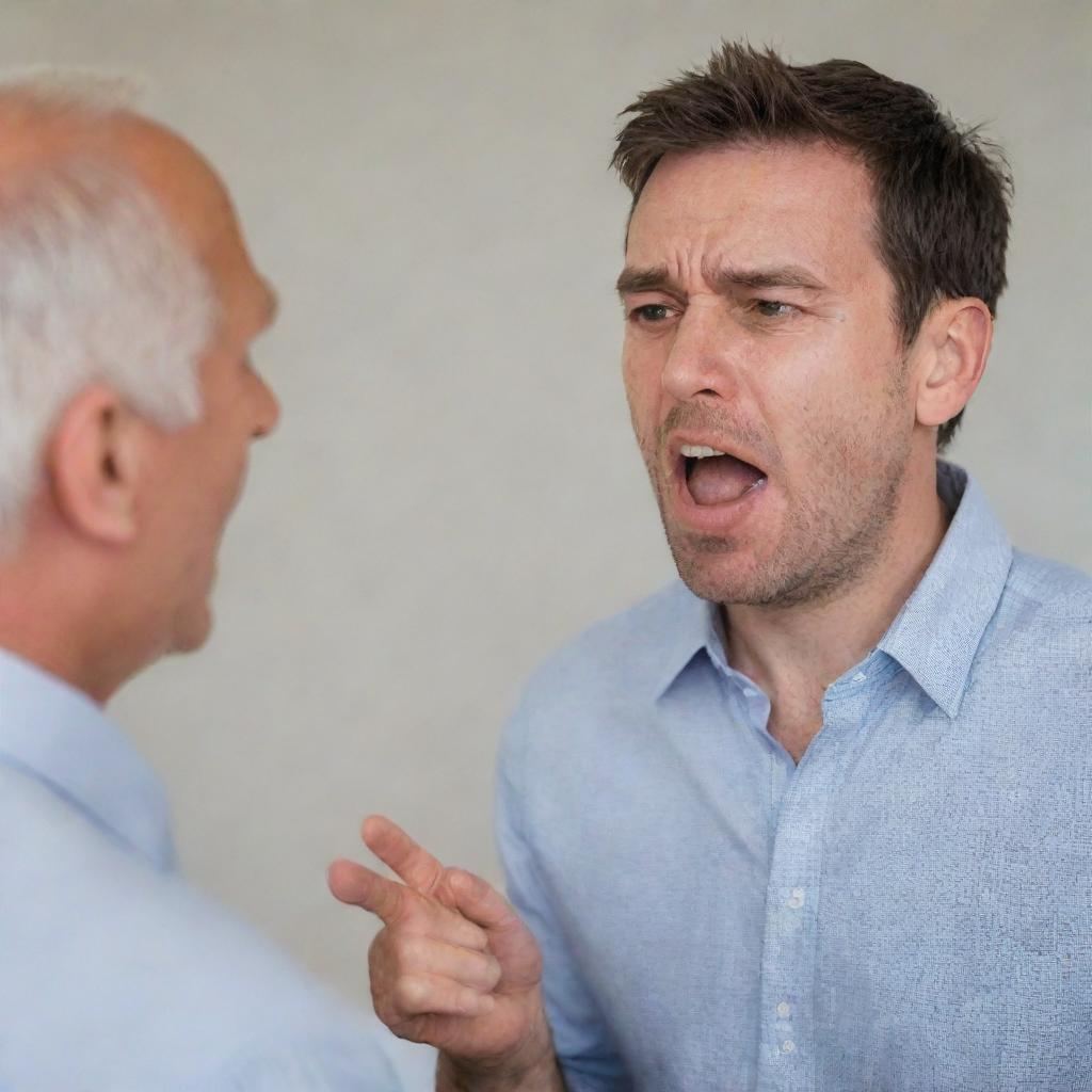 A man engaged in a heated verbal argument with another person, displaying a range of intense emotions.