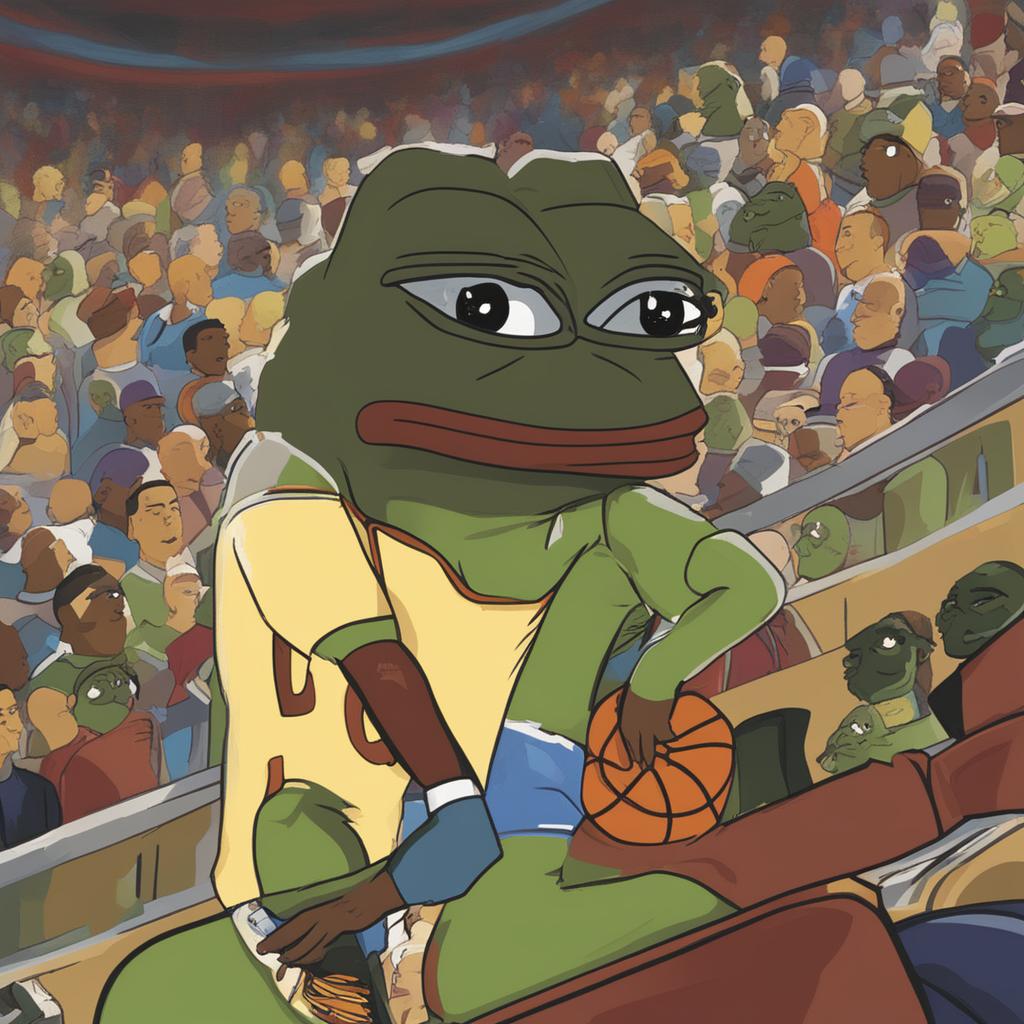 A digital artwork featuring a large Pepe meme appearing disappointed while watching a cartoonish LeBron James losing a basketball game