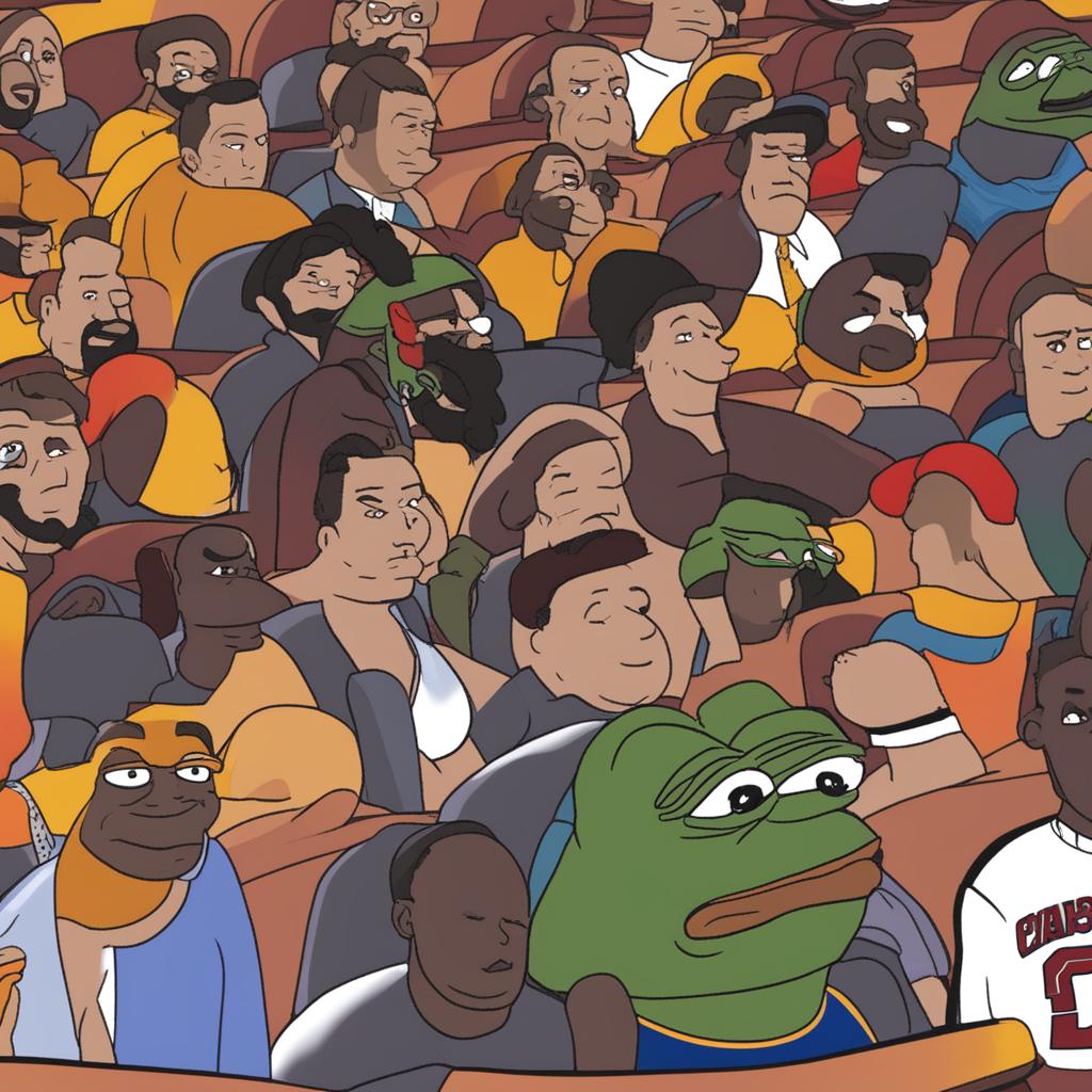 A digital artwork featuring a large Pepe meme appearing disappointed while watching a cartoonish LeBron James losing a basketball game