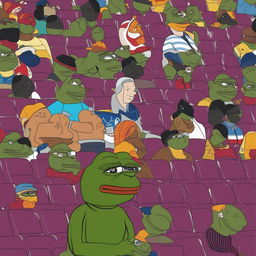 A digital artwork featuring a large Pepe meme appearing disappointed while watching a cartoonish LeBron James losing a basketball game