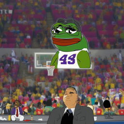 A digital artwork featuring a large Pepe meme appearing disappointed while watching a cartoonish LeBron James losing a basketball game