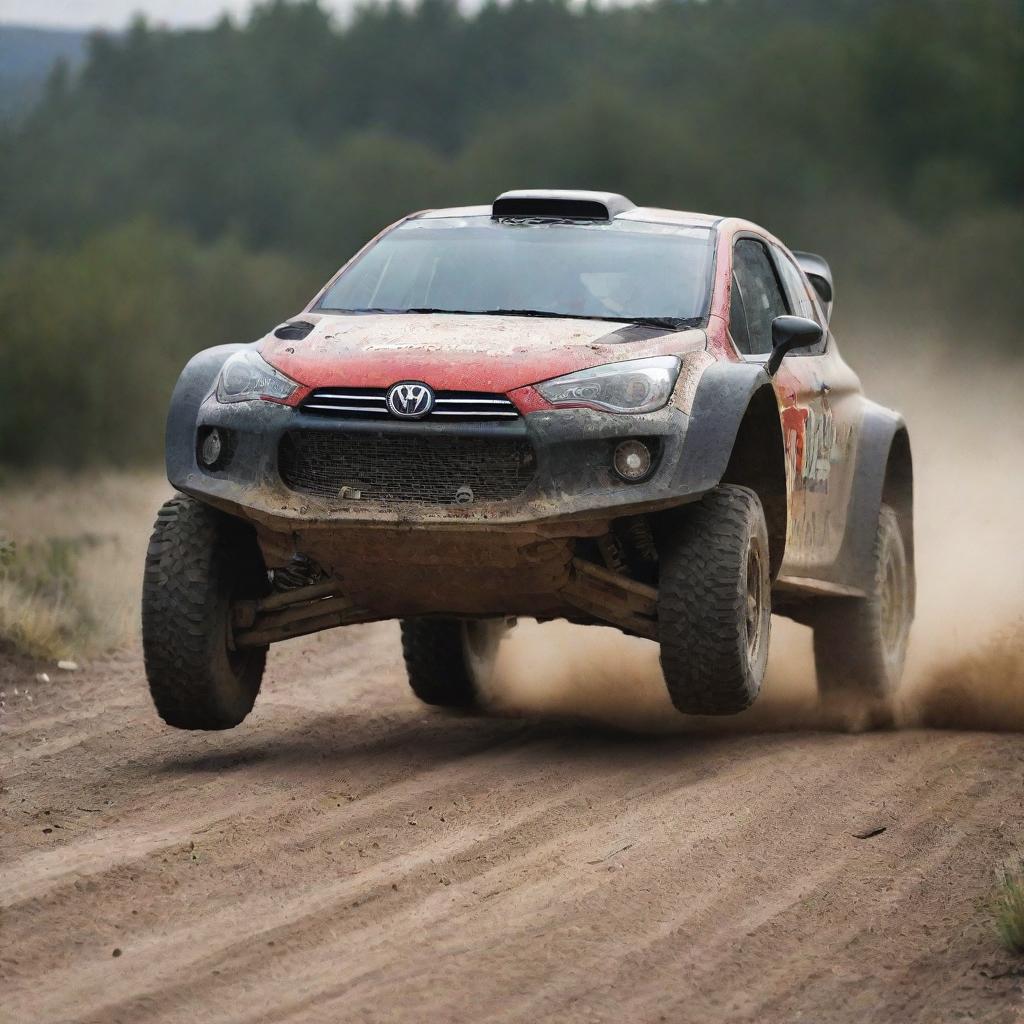 A high-octane image of a rally car, showcasing its rugged build and ready-to-race in an off-road setting.