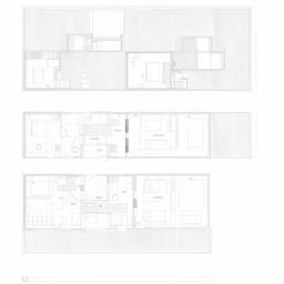 Architectural blueprint of a 150m² house with 3 bedrooms, 2 bathrooms, a kitchen, and a guest room.