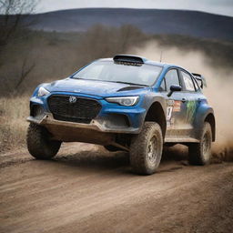 A high-octane image of a rally car, showcasing its rugged build and ready-to-race in an off-road setting.