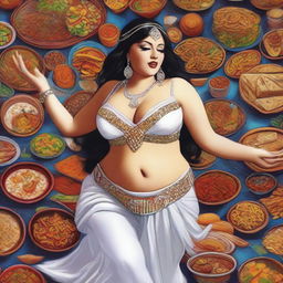 This is a high-quality digital art image of a modern white belly dancer, who has noticeably gained weight