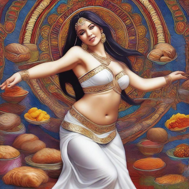 This is a high-quality digital art image of a modern white belly dancer, who has noticeably gained weight