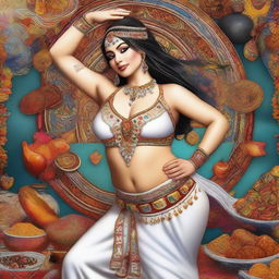 This is a high-quality digital art image of a modern white belly dancer, who has noticeably gained weight