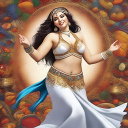 This is a high-quality digital art image of a modern white belly dancer, who has noticeably gained weight