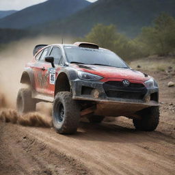 A high-octane image of a rally car, showcasing its rugged build and ready-to-race in an off-road setting.